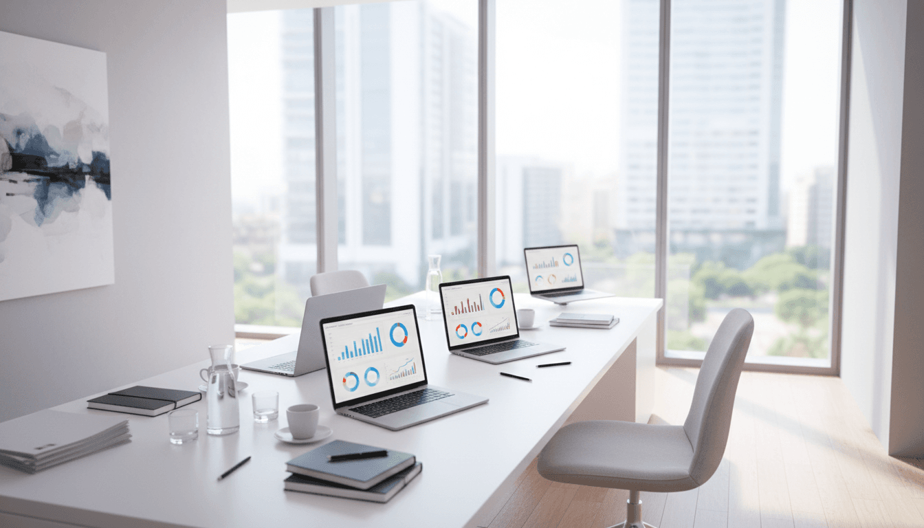 modern consulting office with laptops and notebooks on clean white desk with bright natural lighting