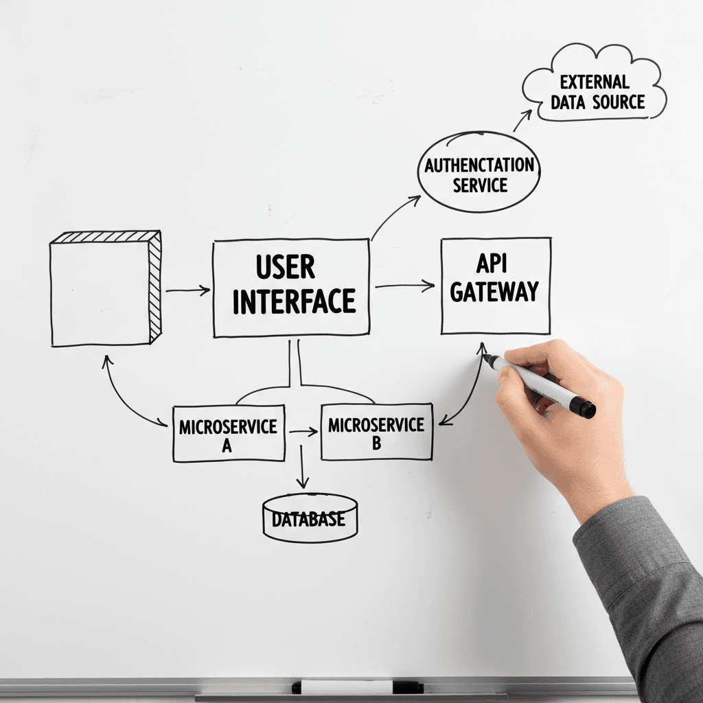 Hand sketching a system architecture diagram on a whiteboard
