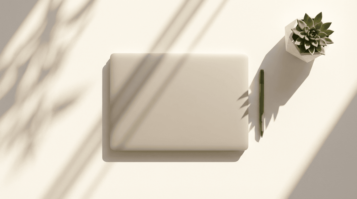 Minimalist white desk with a laptop displaying a clean data dashboard